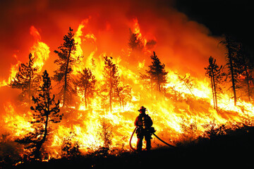 Obraz premium firefighter stands bravely silhouetted against raging wildfire, surrounded by flames and smoke, showcasing courage and determination