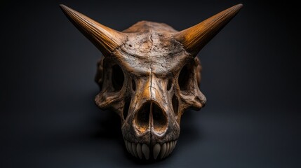 A detailed close-up of a prehistoric skull with prominent features, perfect for educational materials, articles on paleontology, and museum displays, It captures the essence of ancient life,
