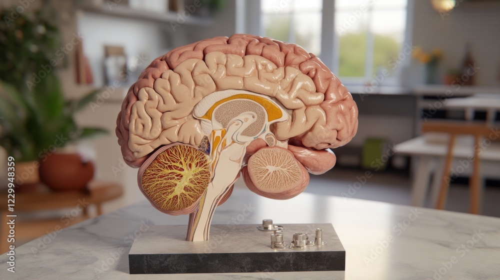 Poster a detailed d rendering of a human brain with highlighted areas showing different functions, placed o