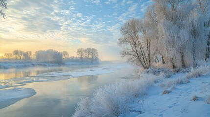 Glistening ice formations along the edge of a river in the cold winter morning