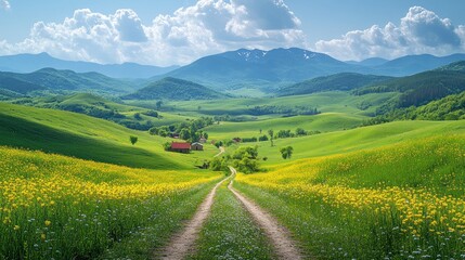 Obraz premium Serene countryside road winding through vibrant green hills and yellow wildflowers towards distant mountains under a sunny sky.