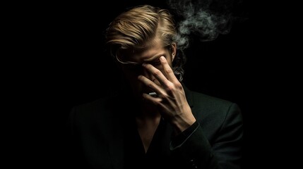 Obraz premium Melancholy Man in Shadows: A Dark Portrait