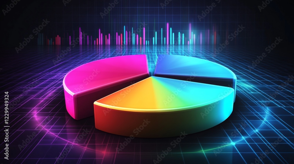 Leinwandbilder a digital pie chart with multicolored segments, glowing slightly against a dark grid background, con