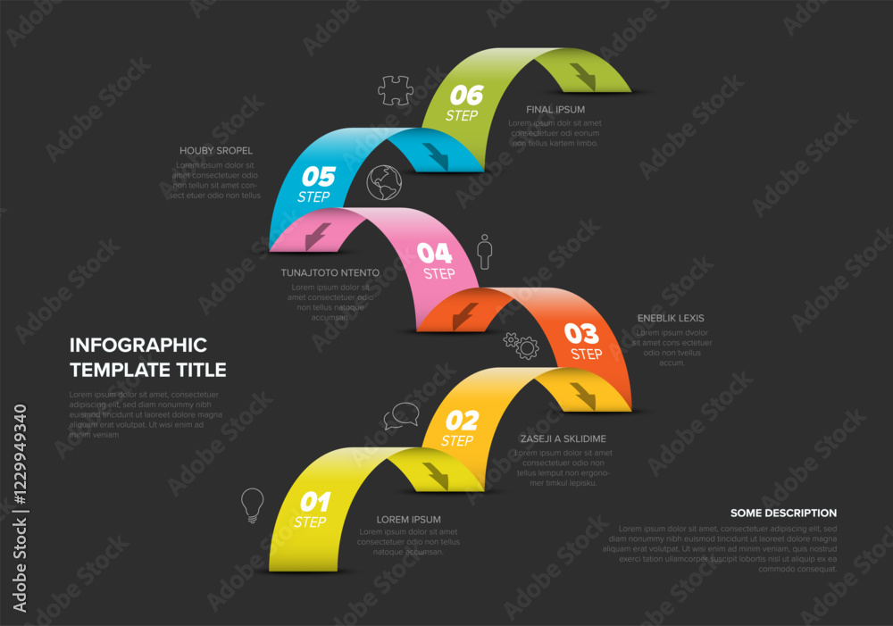 Poster dark infographic image displays a six-step process with vibrant, overlapping jumps, each step number