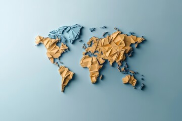 A creative origami representation of the world map, using shades of blue and tan, highlighting the beauty of geography and intricate paper folding artistry in a modern twist.