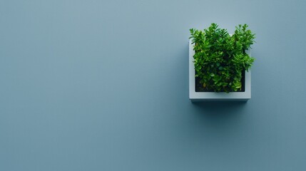 Obraz premium Modern Minimalist Decor with Small Green Plant in Square Pot on Soft Blue Background