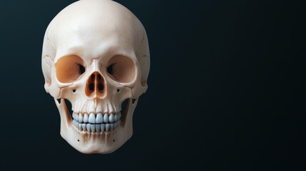 Obraz premium A detailed human skull is showcased against a dark background, highlighting its anatomical features, Ideal for educational materials, medical illustrations