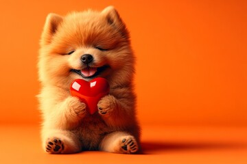 Ad conceptual art. Cute chow dog with diamond red heart - emblem of love, funny greeting card. Chow - my preferred dog. Red heart. Romantic pet moments. Heart-shaped toys. Pet lov.