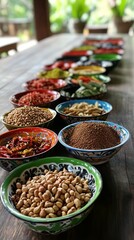 A close-up of Thai spices in colorful bowls arranged on a wooden table. picture