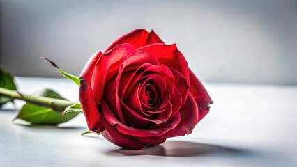 High-resolution image: a single red rose, exquisitely detailed, isolated against a stark white backdrop.