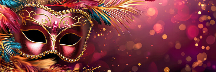 Elegant Venetian masquerade mask in rich red and gold colors adorned with gemstones, intricate details, and vibrant feathers on a festive background with glowing bokeh lights.