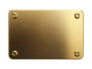 Collection set of gold metal plates with screws isolated on transparent or white background, png