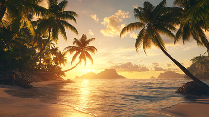 Fototapeta na wymiar Beautiful beach landscape with palm trees silhouetted against a vibrant sunset sky