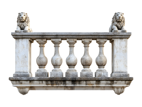 Stone balustrade with lion sculptures isolated on transparent or white background, png