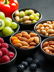 Healthy Snack Station with Bowls of Nuts and Fresh Fruits for a Nutrient-Rich Treat
