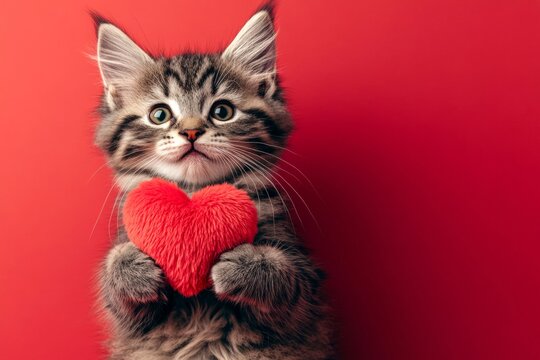 Siberian - my desired cat. Cute siberian feline infant with fluffy red heart - sign of love, funny greeting card. Digital ads concept art. Valentine's day pet art. Fluffy valentine cat.