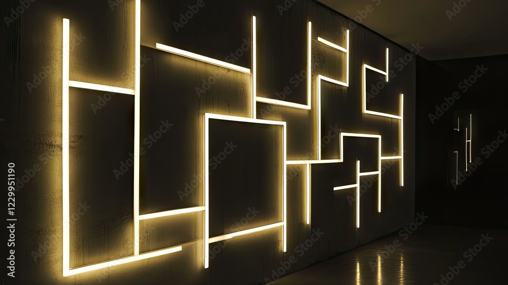 Poster a modern geometric wall lamp creating artistic light patterns in darkness.