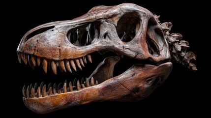 Fototapeta premium A detailed close-up of a dinosaur skull, showcasing its intricate bone structure and texture against a black background, Ideal for education, museums, biology studies, and nature-themed projects,