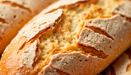 Golden baguette showcasing crispy texture in warm light, culinary delight