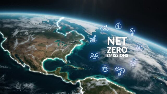 Net Zero Carbon Commitment Concept. A green world map made of foliage, symbolizing the concept of Net Zero to represent environmental sustainability and climate action