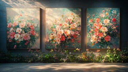 Fototapeta premium Stunning floral art showcase modern gallery digital paintings bright environment artistic viewpoint nature's beauty
