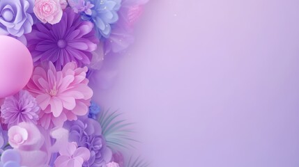 Fototapeta premium A colorful arrangement of various flowers and a balloon in shades of pink and purple, perfect for celebrations, invitations, or social media graphics, It adds a cheerful
