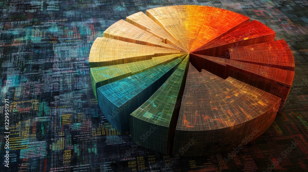 Poster A dynamic financial pie chart with segmented slices, showing investment portfolio allocation, overlaid on a digital background filled with stock market trends.