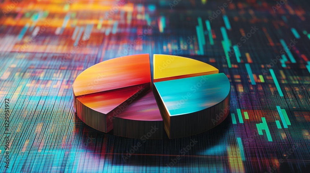 Poster A dynamic financial pie chart with segmented slices, showing investment portfolio allocation, overlaid on a digital background filled with stock market trends.