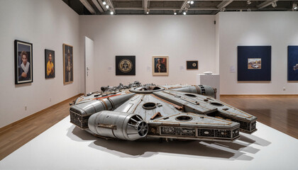 Minimalist Millennium Falcon art piece in modern gallery, cinematic expression