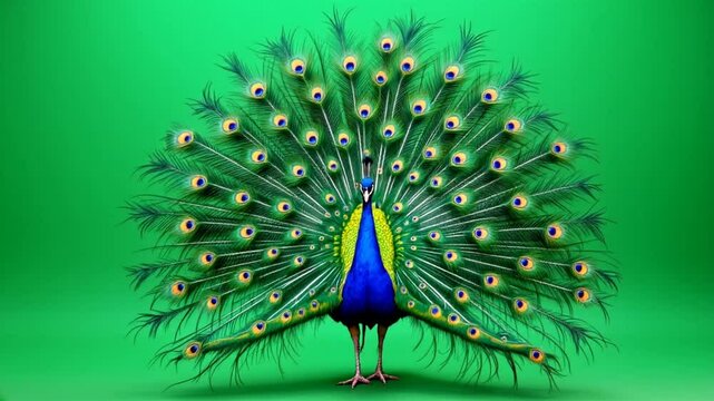 Peacock displaying vibrant plumage against green screen for graphic design