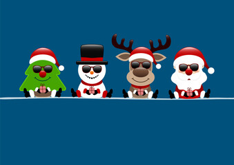 Karte Baum Schneemann Rentier Und Weihnachtsmann Sonnenbrille Dunkelblau Dunkelrot