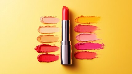 Obraz premium A dynamic image of an open lipstick case with vibrant color swatches beside it, showcasing the variety of shades available for every occasion