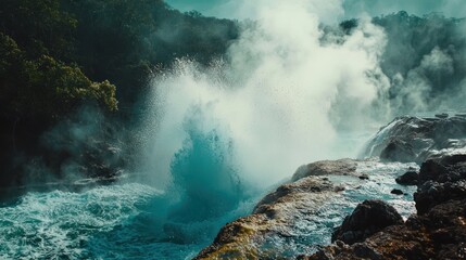 Steam and water bursting from a geyser, creating a spectacular natural display