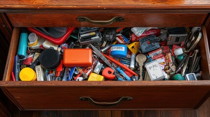 Chaotic Junk Drawer Overflowing with Random Items and Everyday Tools in Brown Wooden Cabinet