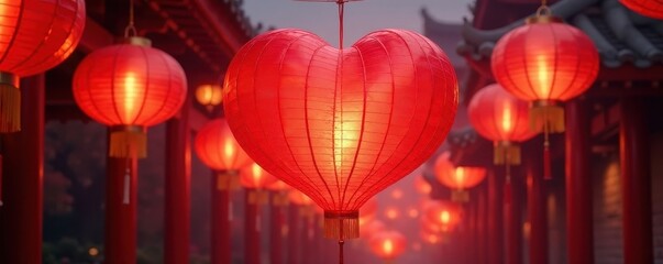 Red heart formed by Chinese lanterns and pagodas , elegant, charming, pagoda