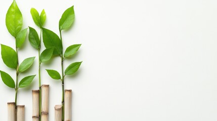 Fresh green leaves and bamboo stalks arranged on a soft white background, perfect for eco-friendly projects, wellness themes, and nature-related content, Ideal for marketing, branding, or decor,