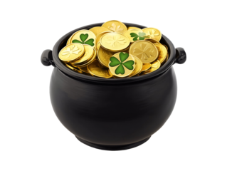 Pot of gold coins with shamrocks isolated on transparent or white background, png