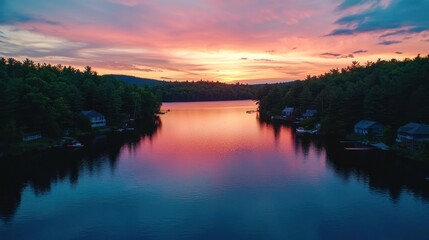 Obraz premium The calm waters of a glitter lake glittering at sunset, with vibrant colors in the sky
