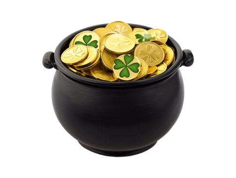 Pot of gold coins with shamrocks isolated on transparent or white background, png