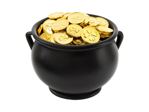 Black pot of gold coins isolated on transparent or white background, png - Powered by Adobe