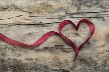 A red ribbon shaped like a heart on a rustic wooden background.