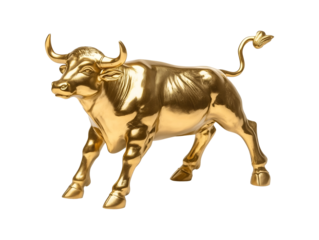 Golden bull statue isolated on transparent or white background, png