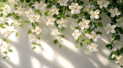 Fototapeta premium Delicate white flowers adorning a wall indoor floral decor bright natural light serene environment