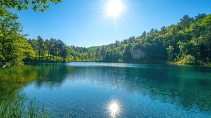 Fototapeta premium The surface of the glitter lake sparkles under the bright sunlight, creating a shimmering effect