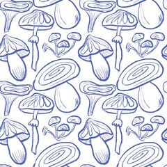 Line art edible mushrooms pattern in white and blue colors.