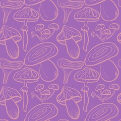 Mushrooms pattern and wallpaper in pink colors.