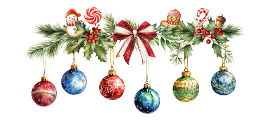 watercolor vector illustration christmas decoration with balls and Candy canes and ribbon,festival set,Merry Christmas,new year