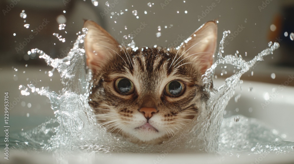 Poster A dynamic photo of a cat splashing water playfully while trying to escape the bath, emphasizing the amusing antics of pets during their grooming sessions.