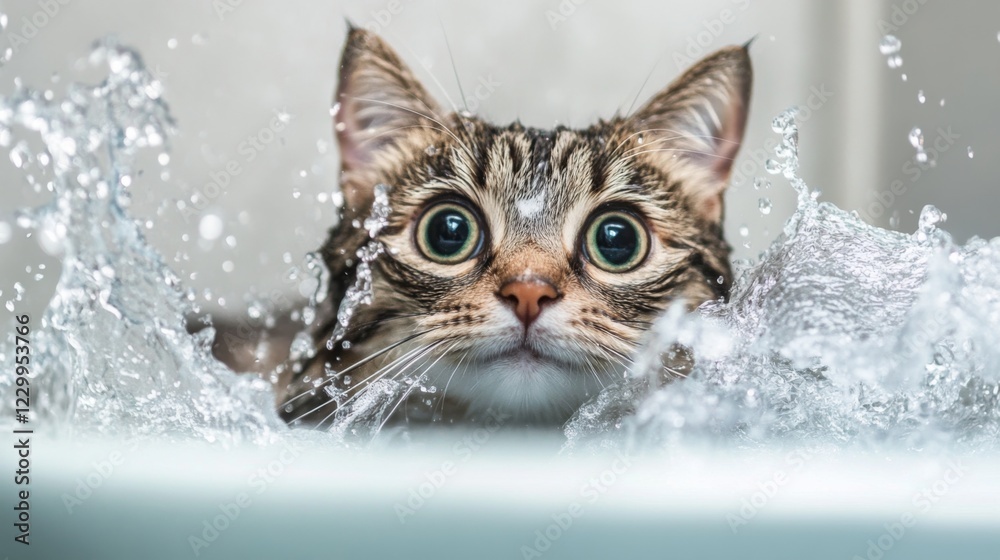 Poster A dynamic photo of a cat splashing water playfully while trying to escape the bath, emphasizing the amusing antics of pets during their grooming sessions.