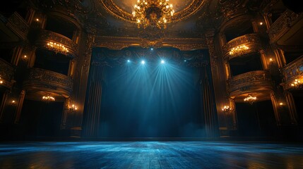 Obraz premium The spotlight illuminating the center of a grand theater stage, with elegant decorations